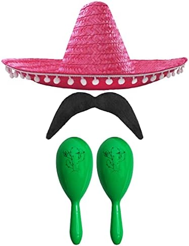 MEXICAN FANCY DRESS ACCESSORY SET - MEXICAN SOMBRERO WITH MARACAS AND TASH BLACK POM POM SOMBRERO + 2X GREEN MARACAS