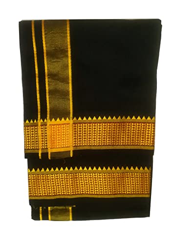 Kolakeer™ Men's Cotton Dhoti And Angavastram Set - 4 Mulam/1.9 Mtr Fancy Resham Bordered Dhoti With 1.5 Mtr Angavastram Towel3