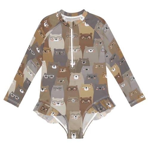 ALAZA Toddler Swimsuit Girl Bathing Suit Swimwear Rash Guard Bear Cute Brown Long Sleeve 3T