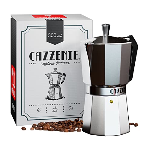 Cazzenie Cafetera italiana 300ml de Aluminio 1 Taza. Cafetera espresso para estufa con diseño clásico. Cafetera individual para preparar cafe o capuchino. Prensa italiana....