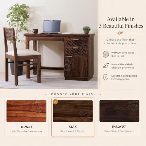 Image of NSH Solid Sheesham Wood Study Table with Chair | Wooden Writing Desk with Drawer & Door Storage | Pre-Assembled Computer Desk Workstation for Home Office & Study Room | Teak Finish