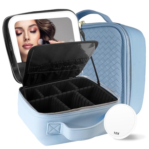 Image of MOMIRA Travel Makeup Bag Cosmetic Bag Makeup Organizer Bag with Lighted Mirror, Adjustable Brightness in 3 Color Scenarios, Waterproof Makeup Train Case, Gift for Women - Classic Blue(Woven)