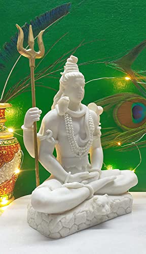 Image of Shiva Sitting Meditating Pose Sculpture, Handcrafted Resin Marble Finish, Glossy Tabletop Home Decoration, White 8 Inch