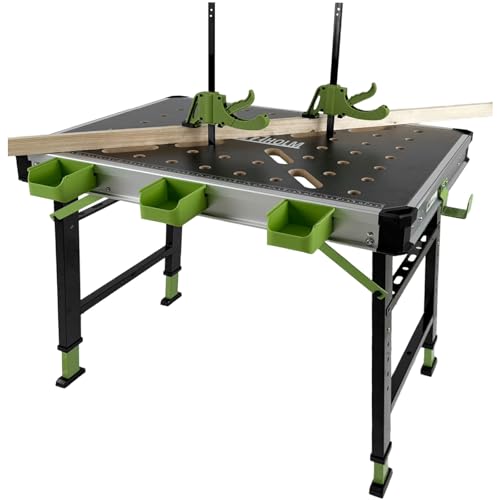 TRUTZHOLM Werkbank Multifunktionstisch Spanntisch 60 x 85 cm klappbar höhenverstellbar 73–90 cm Arbeitstisch mit Messskala, 450 Kg, 20mm Lochrastersystem, Werkzeugboxen, Schnellspannern
