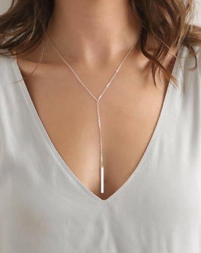 Metzakka Sterling Silver Lariat Necklace, Chic Minimalist Drop Bar Y Chain Necklace for Women2