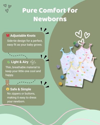 Image of Little Angels Baby Organic Cotton Tie-Knot Sleeveless Jhabla Vest Set | Pack of 4 | Soft & Breathable Printed Tops for Newborn & Infant Girls (0-12 Months)