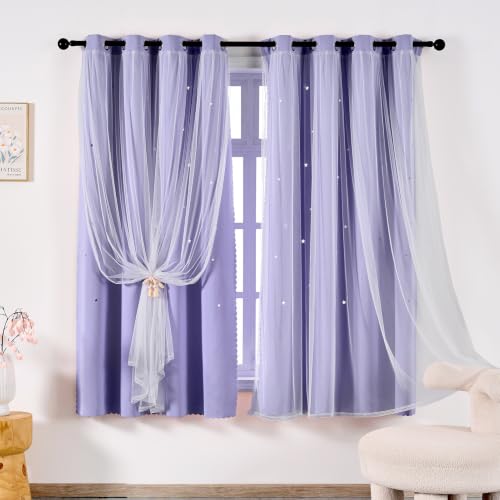 Image of indistar Star Cutout Kids Window Blackout Curtains for Girl Bedroom Window Room Darkening Curtains & Drapes Baby Nursery Curtains (2 Panel,52Wx54L inch,Lavender)