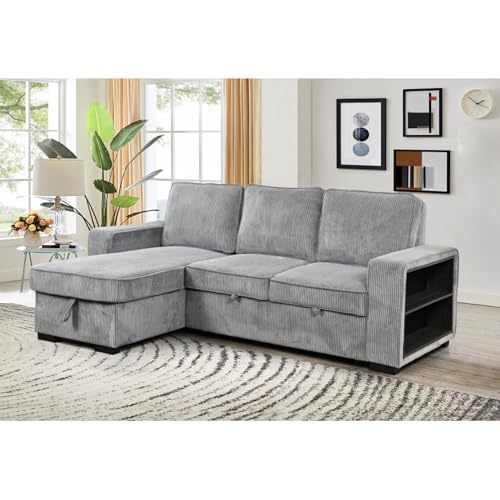 WEALTHKING L-Shaped Sectional Sofa Pull Out Convertible Sleeper Sofa Bed with Storage Chaise USB Port Cup Holder Upholstered Foam Filled Multifunctional Living Room Furniture (Light Gray)