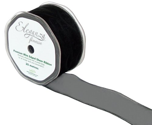 Eleganza 50 mm x 20 m Wired Edged Sheer Ribbon, Woven, Black, 12 x 12 x 5 cm