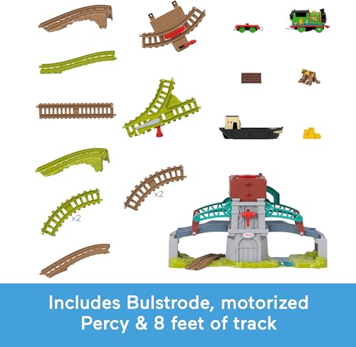 Image of Thomas & Friends Toy Train Set Talking Bulstrode & Which-Way Bridge Track Playset with Sounds & Percy Engine for Kids Ages 3+ Years