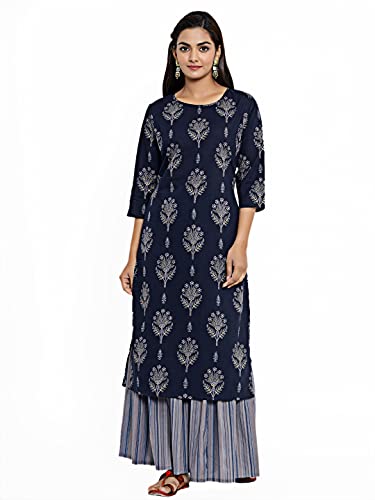 Image of Doriyaan women Floral Printed straight cotton kurta With Sharara salwar suit Set Blue