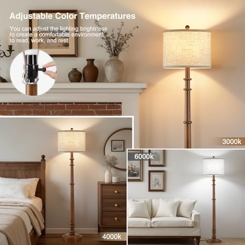 Image of Floor Lamps for Living Room - 60 inch Farmhouse Floor Lamp with Adjustable Color Temperatures - Vintage Standing Lamp Reading Light with Linen Shade Rustic Tall Lamp for Bedroom Office, Dining Room, Wood