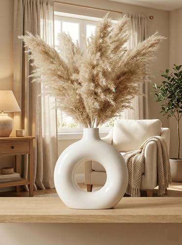Image of Ceramic Donut Vase Modern Flower Vase | Decorative Centerpiece Vase for Pampas Grass Dried Flowers | Minimalist Home Office Table Decor | Handcrafted Gift (9 Inch (Pack of 2))