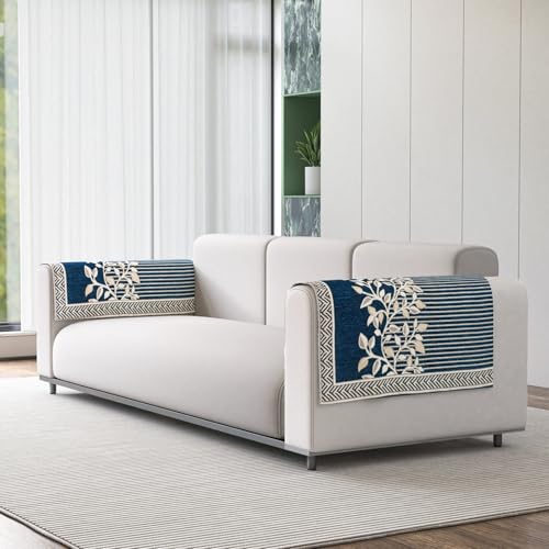 Image of Nendle Premium Chenille Floral Sofa Mat Arms Cover Only - Soft & Durable Protector for L Shape /Standard Sofa Set (58 cm, Blue, 1 Piece)