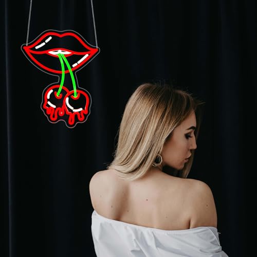 Image of Cherry Lips Neon Sign, JGHTURIE Red Led Neon Signs for Wall Decor USB Powered Bar Lights Signs for Room Man Cave Party Art Decoration