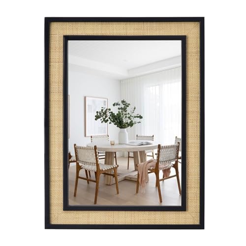 Tunjig Rectangle Rattan Mirror, 20"x28" Rattan Wall Mirror, Farmhouse Wooden Vanity Mirror with Handmade Wicker Frame, Decorative Boho Mirror for Nursery Bedroom Living Room Entryway Black