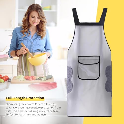 Image of HomeEssentials Apron for Kitchen - Side Coral Velvet Towel for Wiping Hands /Waterproof & Oil Proof /Adjustable Strap /Pockets for Mobile,Kitchen Tools /Perfect Apron for Home, Restaurant