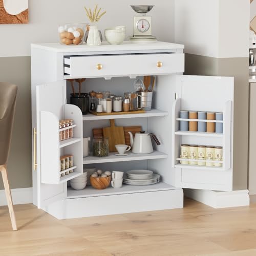 Image of Modern Freestanding Kitchen Pantry,Buffet Food Storage, Coffee Bar Cabinet with Drawer, 2 Adjustable Shelves and 2 Door Shelves for Dining, Kitchen, White (White + MDF + Farmhouse-1)