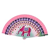 Abanico Grande con Dibujos de Elefantes y Mandala Plegable Refrescante Anti Calor Verano 42x22cm. (Rosa)