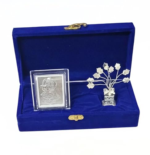 Image of 999 Silver Radha Krishna Frame and German Silver Tulsi for Wedding Gifts, 25th, Return Gifts, Diwali Gifts