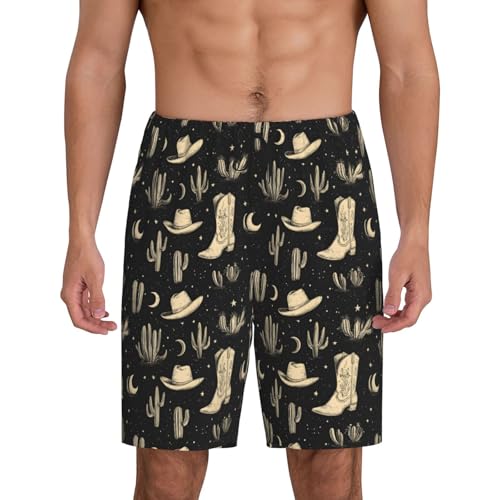 Mens Pajama Pants - Black Cowboy Boots Cactus Print Cotton Pajama Shorts for Men Shorts Casual, Pj Bottoms Lounge