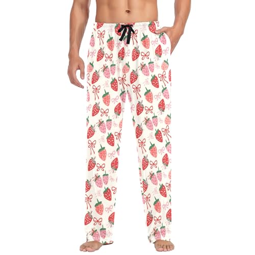 Mens Cotton Pajama Pants Sleep Lounge Pj Bottoms Sleepwear with Pockets Drawstring S Strawberry Simple Lines Bow