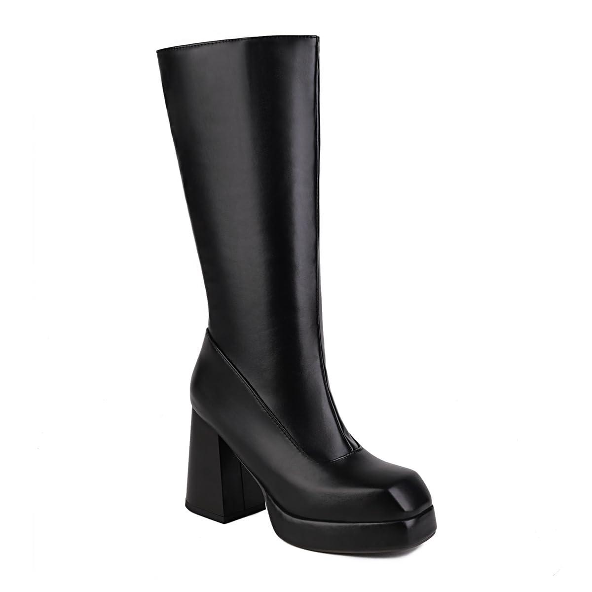Fashion Knee High Boots For Womens Square Toe Zipper Chunky High Heels Tall Wide Calf Long Dressy Boots