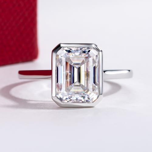 14K Solid White Gold Bezel Setting Ring, Round/Oval/Emerald Cut Centerpiece Moissanite, D Color and VVS12