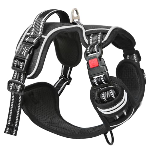 HEELE Hundegeschirr, Brustgeschirre für Hunde, Laufgeschirre Hund mit abschließbarem Schnappverschluss, einstellbare reflektierende Hundegeschirre, Offen am Hals, Anti Zug Dog Harness, Schwarz, L
