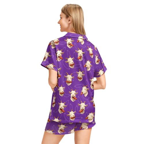 Image of Funny Pajamas for Women Set Print Satin Loungewear Pjs Short Sleeve Button Down Top and Shorts Sets Sleepwear XS-3XL