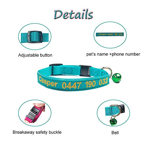 Brillianne Benutzerdefiniertes Breakaway Cat-Halsband, personalisiert mit Glocke, Sicherheitsverschluss, gesticktem ID-Namen am Kätzchenhalsband