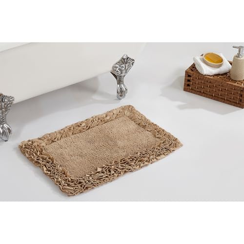 Better Trends 2 Piece Bathmat Set 100% Cotton Water Absorbent, Non-Slip Bath Rug Extra Soft Tufted Washable Mat for Bathroom, Kitchen, Home (17”x24”|24”x40”) Beige Shaggy Border Collection
