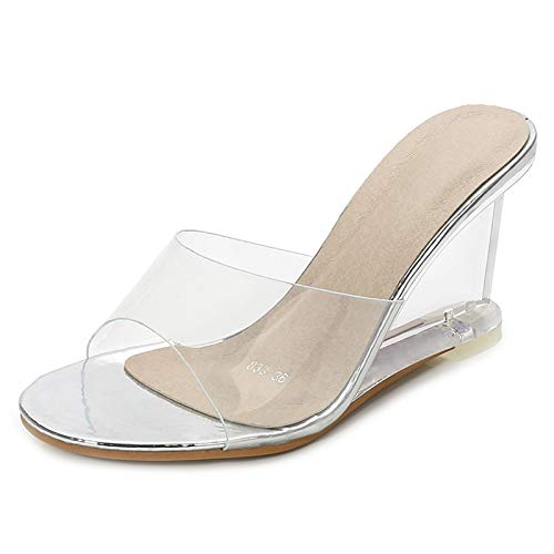 YIYA Women's Clear Wedge Sandals Transparent Open Toe Slip On Mule Lucite Heel Slide Dress Shoes