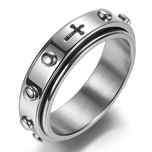 6mm Spinner Ring for Anxiety Relief Fidget with Rosary Beads Cross Lord Prayer Silver/Black/Gold/Rose Gold Stainless Steel Ring