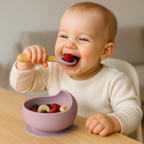 Image of Baby Feeding Bowl & Spoon Set | Silicone Suction Bowl for Baby Food | BPA-Free Baby Bowl and Spoon Set | (Lavender)