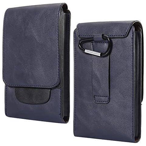 Vertical Cellphone Holster with Belt Clip, Cell Phone Waist Belt Bag Leather Blue, Universal Leather Phone Belt Loop Holster Smartphone Pouch Wallet Handbag Carrying Case with Locking Carabiner Hook Cover
