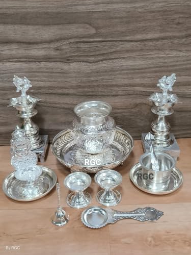 indiancraftsbykanika German Silver Pooja thali Set of Set of 14 Pieces