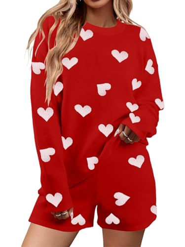 MYHALF Valentine's Day Sweater Sets Heart Sweater for Women Long Sleeve Knit Sweater and Shorts 2 Piece Outfits Red