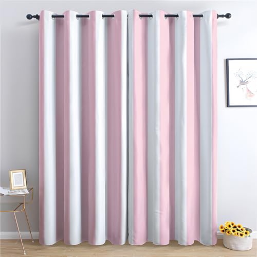 Striped Blackout Curtains for Bedroom, Pink White Stripes Curtains for Living Room 90 Drop, Patterned Window Treatments Home Decor, Thermal Eyelet Drapes, 90 x 90 Inch, 2 Panels