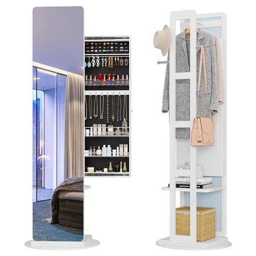LVSOMT 360° Swivel Jewelry Armoire, Rotatable Full Length Mirror with Jewelry Storage, Standing Jewelry Cabinet with Coat Rack, White, Soild Wood