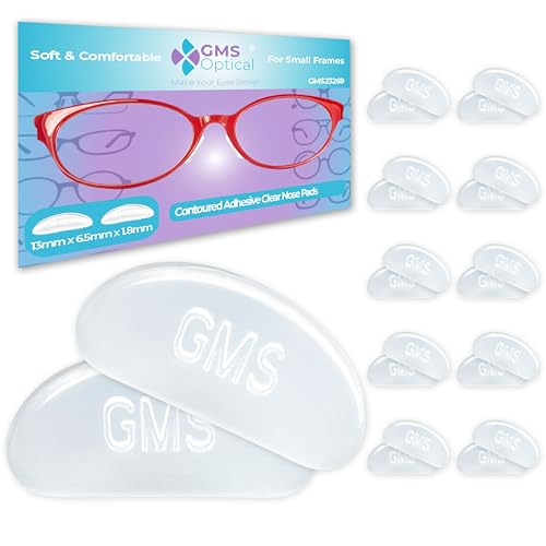 GMS Optical Adhesive Silicone Nose Pads for Glasses | 1.8mm Reg-Thin, 13mm Small | Non Slip Glasses Grips for Sunglasses and Eyewear w/Super Sticky Backing for Kids & Small Frames (10 Pairs, Clear)