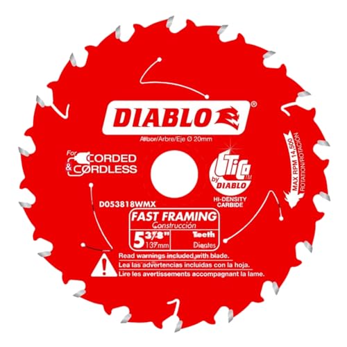 Image of Diablo Fast Framing Saw Blade for Wood - 5-3 /8 inch Diameter, 18 ATB Teeth | 20mm Arbor, .049 inch Kerf, 18 Hook Angle, .039 inch Plate, 14500 Max RPM - D053818WMX