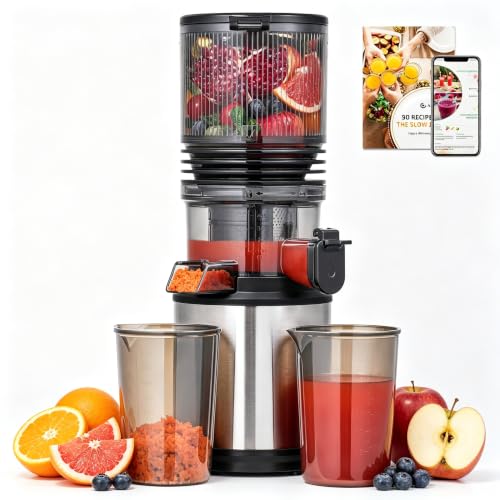 AMZCHEF Cold Press Juicer Self-Feeding Juicer with 160mm Wide Chute & 2L Hopper for Whole Fruits and Vegetables Powerful DC Motor & Triple Filter High Juice Yield Easy to Clean Stainless Steel
