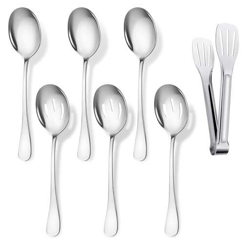 7-teilige Servierlöffel Set 22cm, 3 Servierlöffel, 3 Geschlitzte Löffel und 1 Küchenzange Edelstahl 18,5cm, Edelstahl Buffet Bankett Löffel, servierlöffel Große Suppenlöffel Utensilien Besteck Set