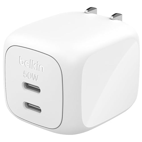 Belkin Cubic Charger 50W 2ポート アダプター ゼロスタンバイモード搭載(待機時消費電力ゼロ) ZSP技術 PPS急速充電 PD GaN iPad iPhone スマホ MacBook air Windows PC Galaxy Android 急速充電 USB-C type-c タイプc 折りたたみプラグ PSE技術基準適合 ホワイト WCH019qcWH