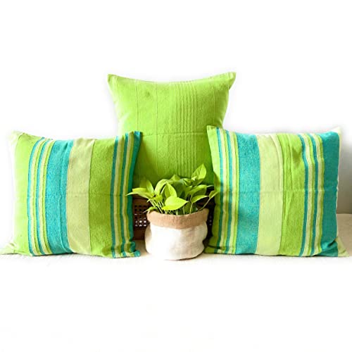 Image of RANGBHAR Handloom Cotton Cushion Covers With Concealed Top Zip, Striped /Solid Cushion Covers For Living Room, 16 X 16 Inch, Green, Pack Of 3, 220 TC