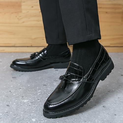 Men's Leather Slip-On Platform Tassel Loafers Fashion Round Toe Non-Slip Low Top Slip-On Business Dress Shoes for Driving Party Office4