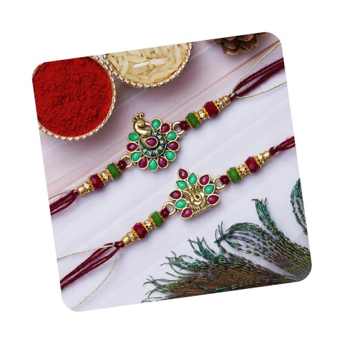 Image of eCraftIndia Set of 2 Green & Golden Shri Krishna and Radha Krishna Playing Flute Designer Religious Rakhis | Roli Chawal Pack | Rakhi for Brother