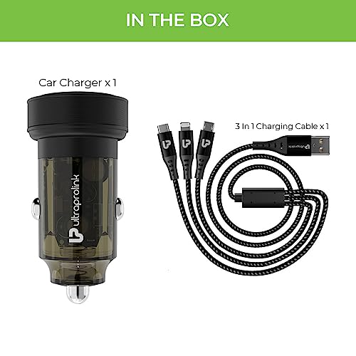 Image of ULTRAPROLINK 15W Fast Car Charger With 3 In 1 Cellularphone Charging Cable|Zip Kit| Rapid Car Charger With Dual Usb Ports & Transparent Body|Multi Charger|18W Nylon Braided Cable|Um1109