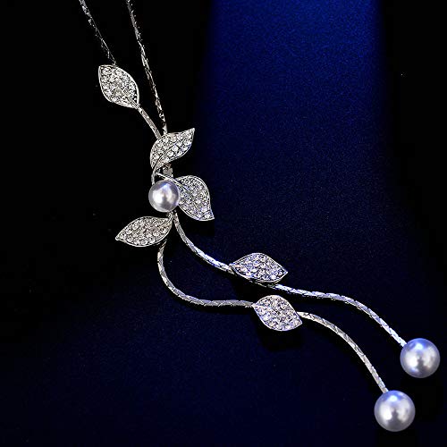 Y-Shaped Necklace Bohemian Crystal Pearl Flower Leaf Dangle Long Necklace Fashion Elegant Tassel Sweater Chain Women Girl Jewelry (White Gold Clear Crystal) #TOP2
